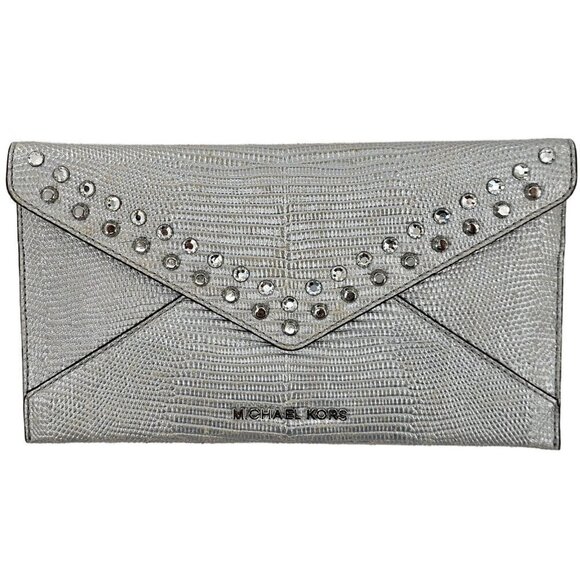 MICHAEL KORS Silver Snake Skin Embossed Jeweled Jet Set Travel Envelope Clutch - Picture 1 of 12